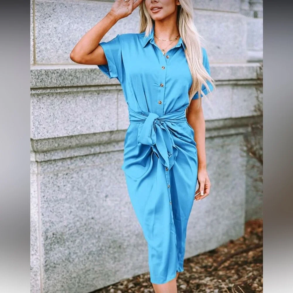 Elegant Blue Tie-Front Satin Dress
